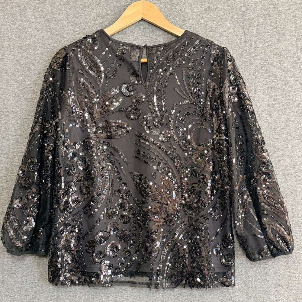 Adrianna Papell Womens Sequin Embellished Illusion Sleeve Sz M Statement Top - Picture 2 of 9